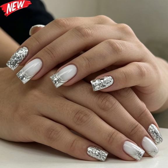 24Pcs Medium Square Press On Nails for Women, White Fake Nails with Silver Foil Glitter French Tip, Glossy Reusable Glue‑On False Nail Tips for Wedding Party Daily Casual Manicure