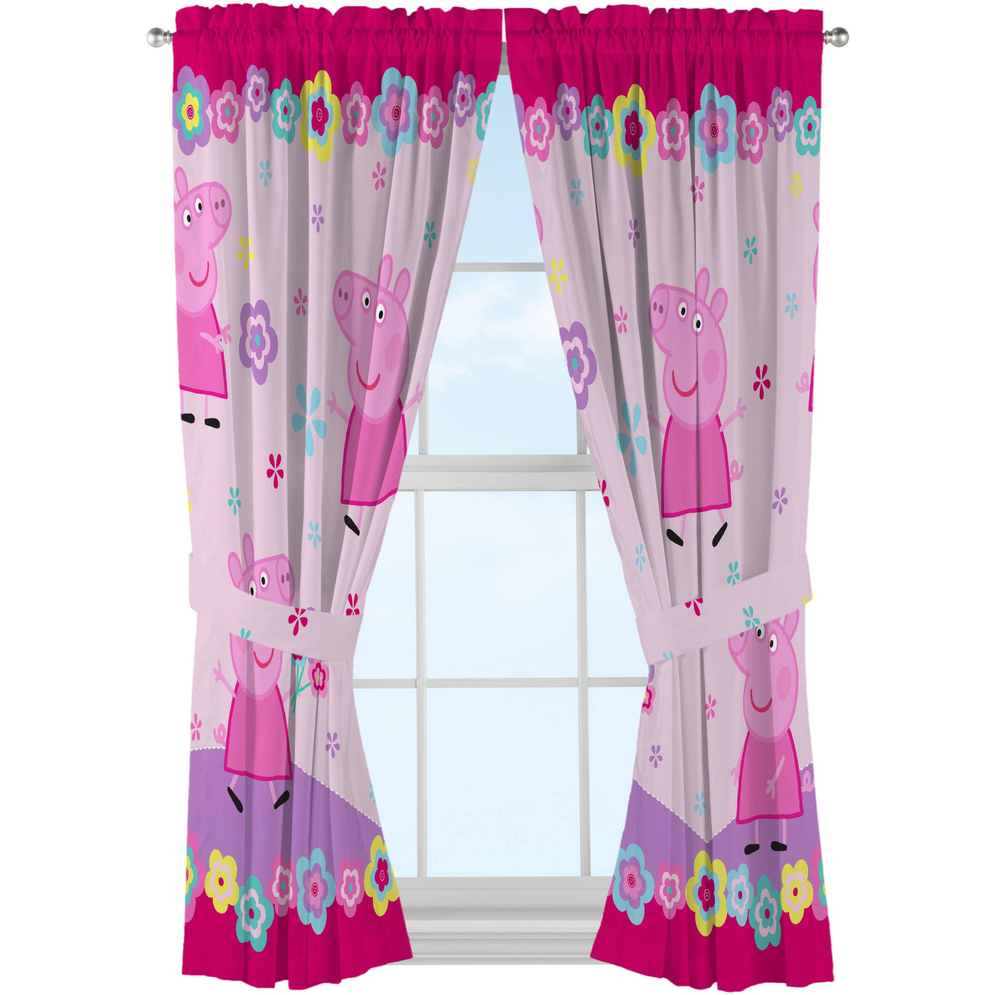 NEW PEPPA PIG 'HAPPY' PAIR OF CURTAINS GIRLS PINK LILAC BEDROOM 66 x 54 Inch 