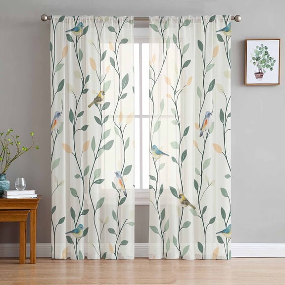 Green Botanical Sheer Curtains 72 Inch Length 2 Panels Set for Living Room/Bedroom, Spring Summer Birds Watercolor Semi Curtain Sheers Drapes Rod Pocket Curtains Window Treatment Set 52''x72''x2