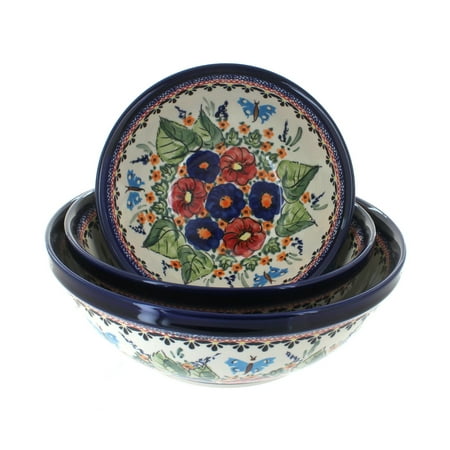 

Blue Rose Polish Pottery Floral Butterfly 3 Piece Serving Bowl Set