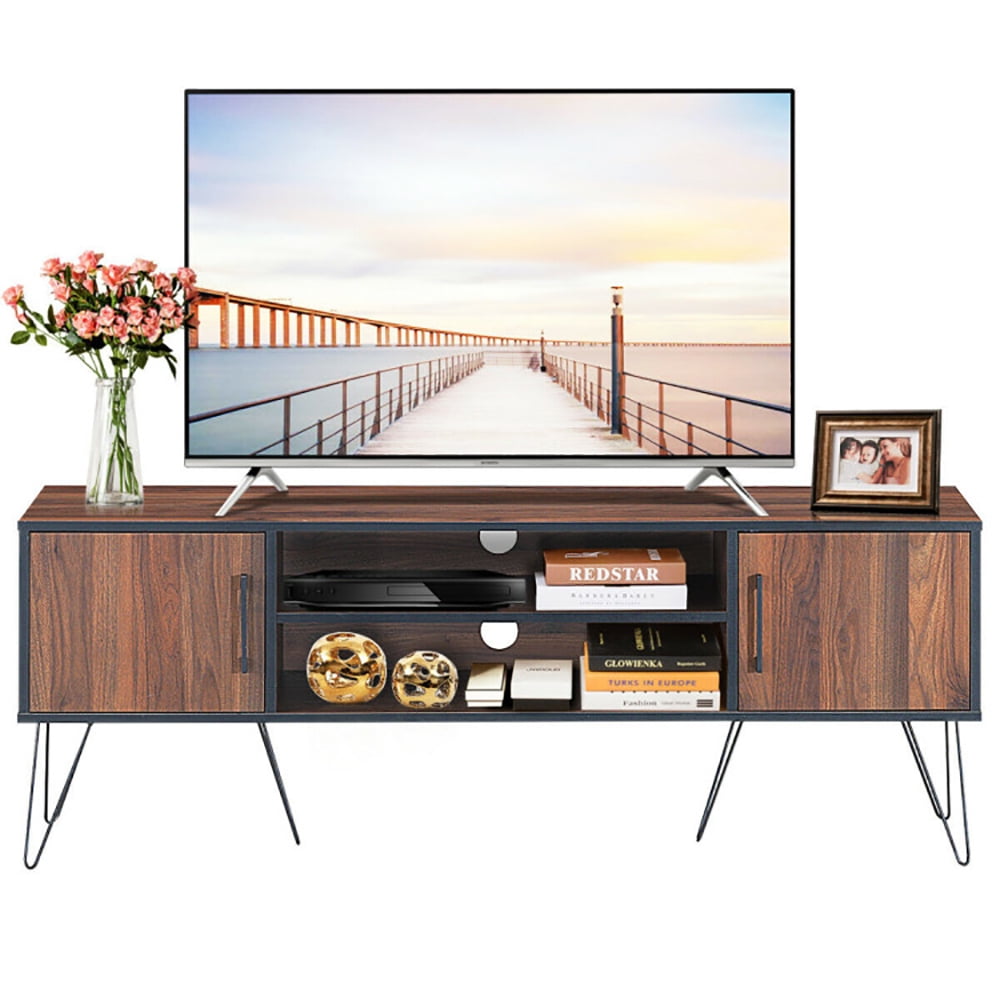Finihen TV Stand, TV Cabinet, Retro Modern TV Stand with 6 Metal Legs for TVs up to 65 Inch with 2 Cable Holes, Media Entertainment Center with Storage, for Living Room, Bedroom, Walnut
