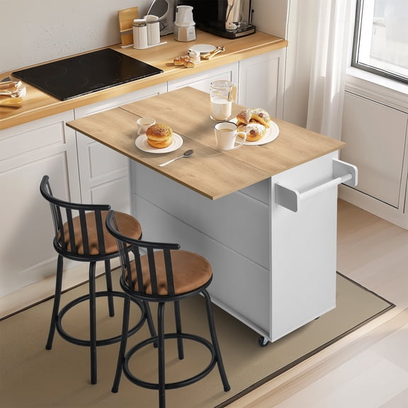 FurnitureR 45.3" Mobile Kitchen Island with Drop Leaf & Storage, Rolling Kitchen Cart with Drawers, White/Light Oak