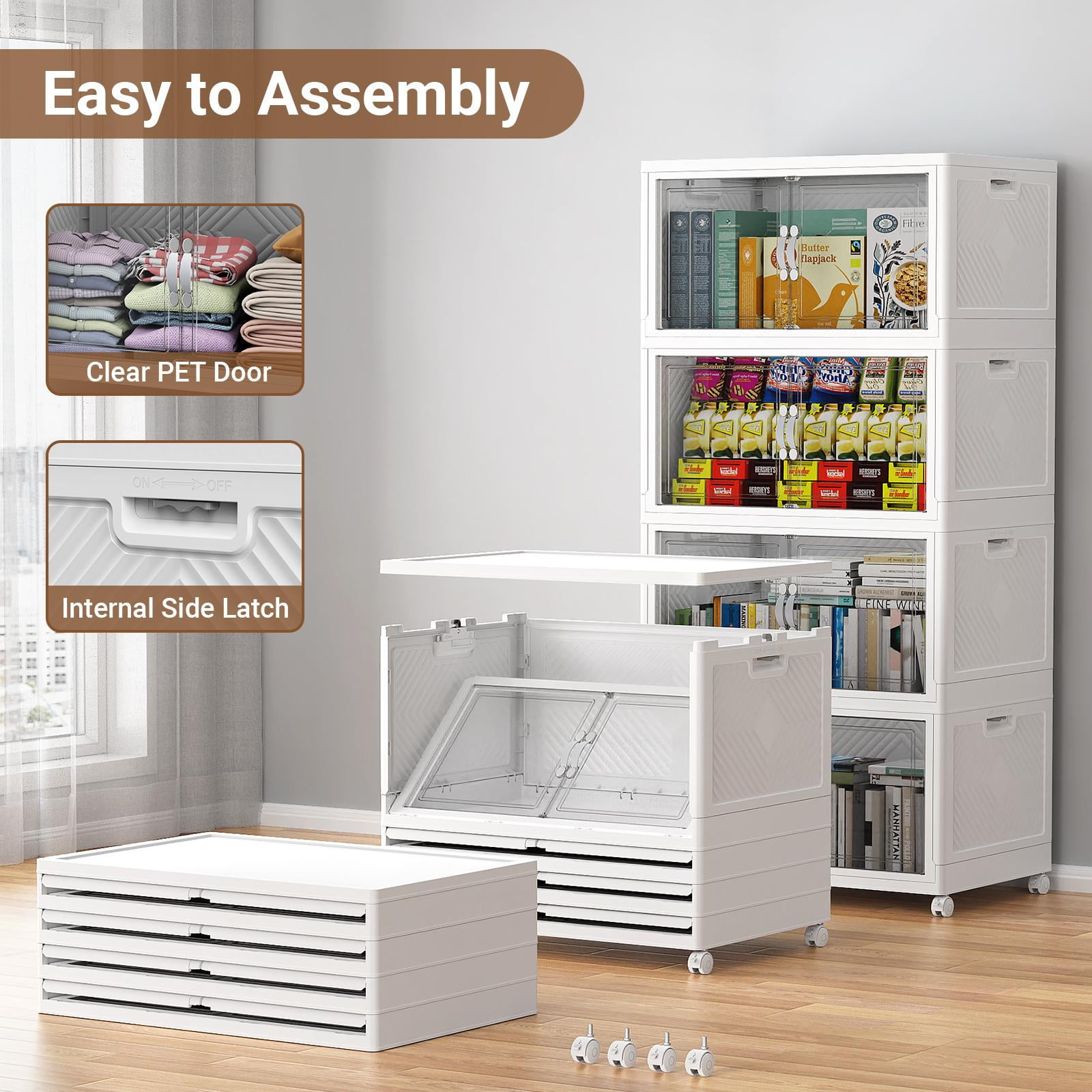 Broview Clear PET Stackable Storage Bins with Lids, Closet Organizers and Storage, 100Gal Folding Storage Boxes with Latching Locks, Collapsible Storage Cabinet for Room, 4Pack White