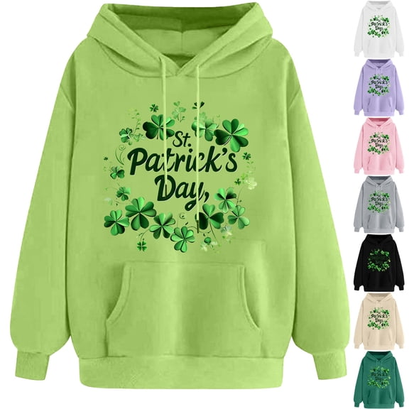 NuoCaiYun Sweatshirt for Women Funny Print St. Patrick's Day Long Sleeved Loose Comfortable Hooded Drawstring Pullover with Pocket