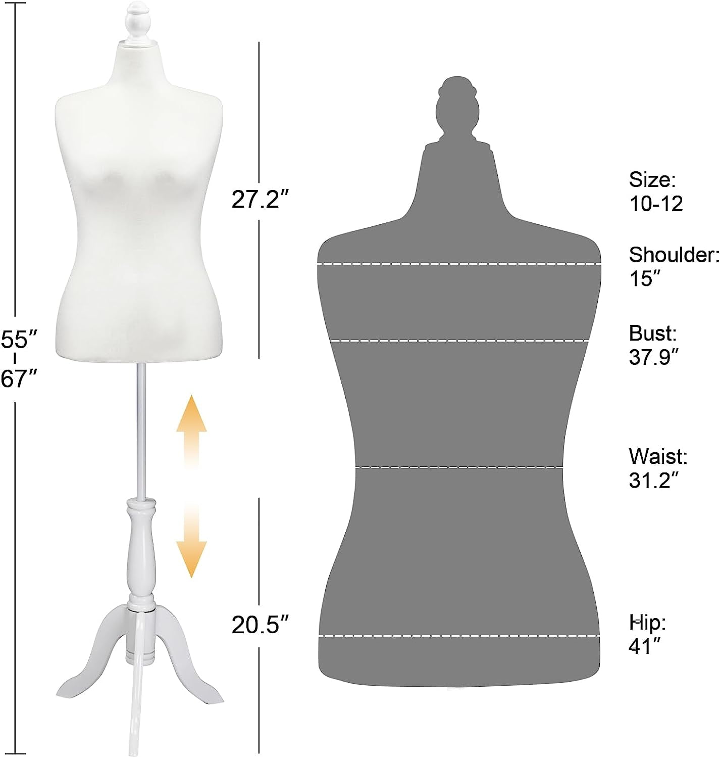 Bonnlo Female Dress Form Pinnable Mannequin Body Torso with Wooden Tripod Base Stand (White, 10-12)