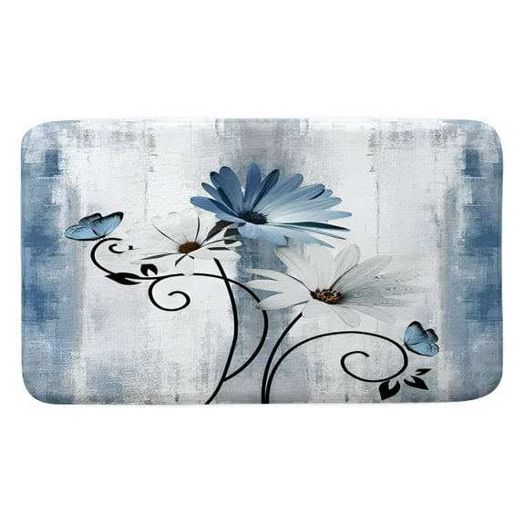 LAMIRO Rustic Farmhouse Bath Mat,Farm Blue Daisy Floral Flowers Butterfly Country Wooden Bath Rug for Bathroom,Grey White Bath Mat Soft Non Slip Bath Rugs,17X29IN