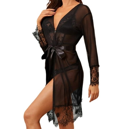 

YCCOTO Womens Mesh Lace Long Sleeve Nightwear Kimono Robe Open Front Sleepwear Babydoll Nightgown