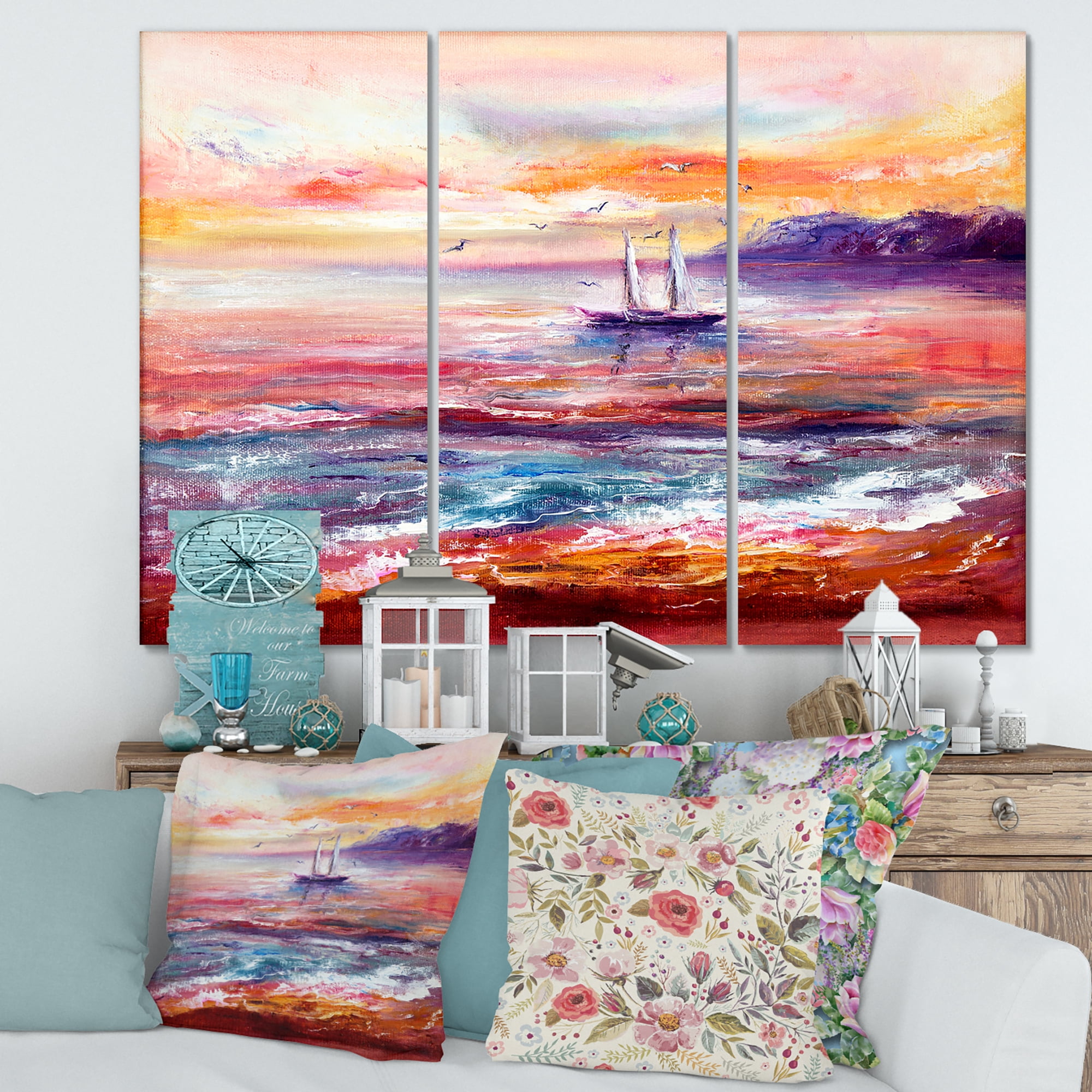 Designart ' Boat On The Ocean During VIbrant Sunset Glow ' Nautical & Coastal Canvas Wall Art Print