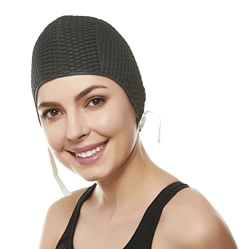 retro bubble crepe swim bathing cap with chin strap black Walmart