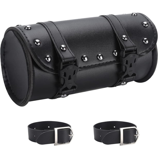 Bolsa para manillar de motocicleta, bolsa de herramientas para horquilla de motocicleta, bolsa de herramientas para motocicleta con 2 correas, bolsa de almacenamiento universal negra de cuero PU 1