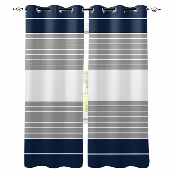Navy Blue Grey Stripe Blackout Curtains 54 Inches Long for Bedroom, Modern Art Horizontal Striped Thermal Insulated Room Darkening Black Out Window Curtain Panels Grommet Drapes for Living Room