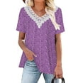 thumbnail image 5 of Zpanxa Summer Tops for Women 2023 Trendy Casual Cap Sleeve Lace Stitching T Shirts Blouse, Loose V Neck Short Sleeve Tee Shirts, Cute Floral Print Boho Summer Tops Purple L, 5 of 7