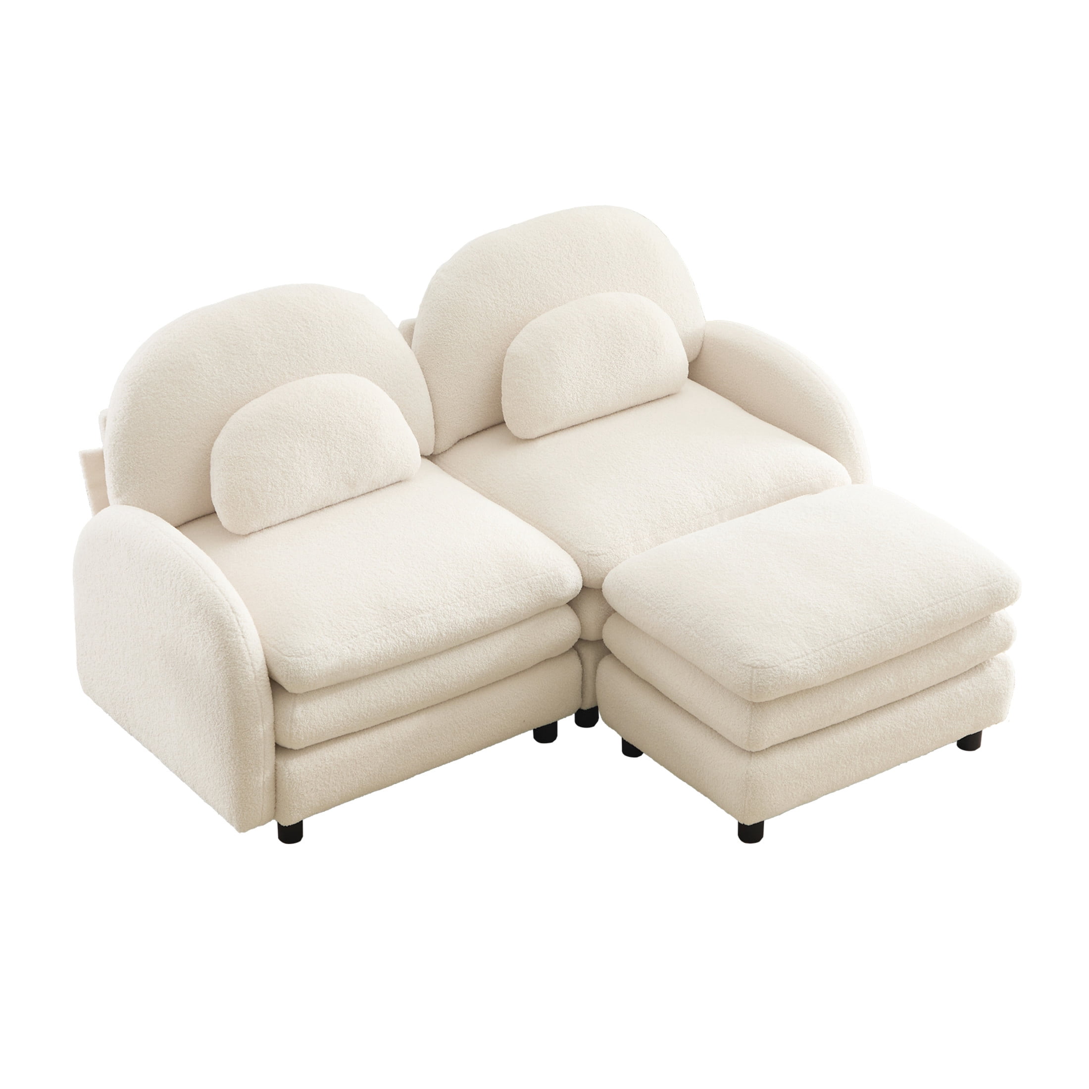 Noble House Windsor Teddy Fabric 2-Seater Sectional Sofa, Modular Cloud Couch with Ottoman and Lumbar Pillows, Beige