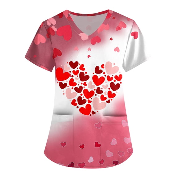 Valentine Day Scrub Tops for Woman Short Sleeve Medical Love Heart Print Nursing Uniforms V Neck Cute Quick Dry Scrub Tops with Pockets Pink 4XL