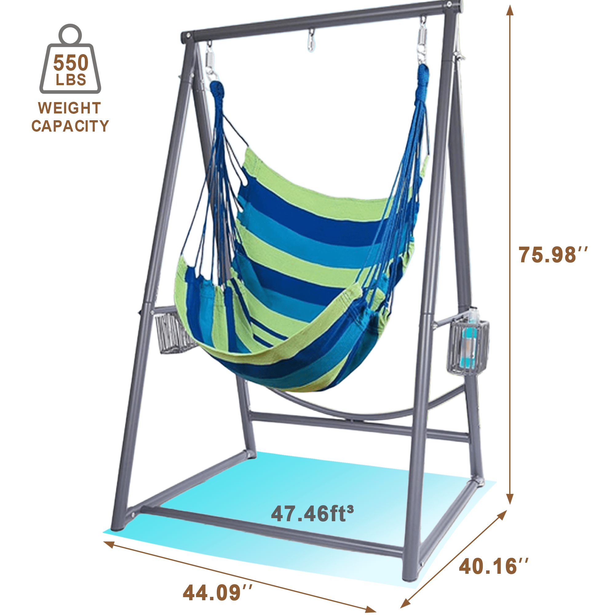 Hammock Chair Hanging Rope Swing & Stand Set with Two Holders, Heavy Duty Hanging Stand with Three Hooks, Multi-Use for Indoor Outdoor Patio Yard Garden (Grey)