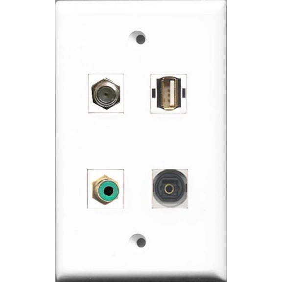 RiteAV 1 Port RCA Green and 1 Port Coax Cable TV- F-Type and 1 Port USB A-A and 1 Port Toslink Wall Plate