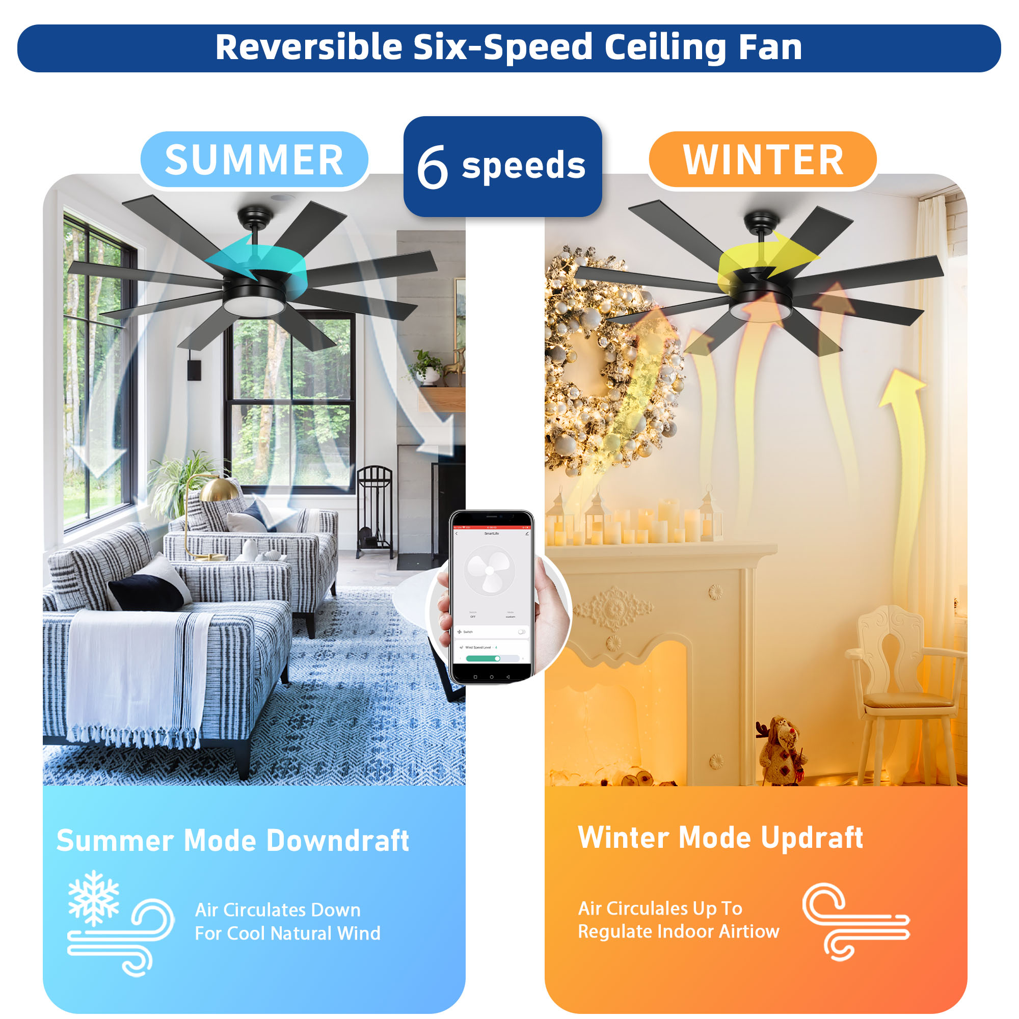 Dextrus 60'' Modern Black Ceiling Fan Light Remote Control Smart App Compatible with Alexa