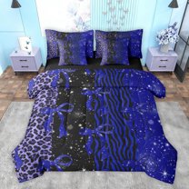 Feelyou Princess Blue Ribbon Bedding Comforter Set 7 Pieces for Kids, Fashion Bowknot Bow-tie Full Bedding Set, Leopard Cheetah Print Reversible Fitted Sheet Flat Sheet, Lightweight Room Decor