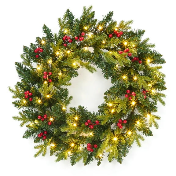 Christmas Wreaths for Front Door, 24 Inch Christmas Wreath with Red Berries and Led Lights, Artificial Pine Needles Holiday Decor for Entryway, Window, Wall, Hallway, Green