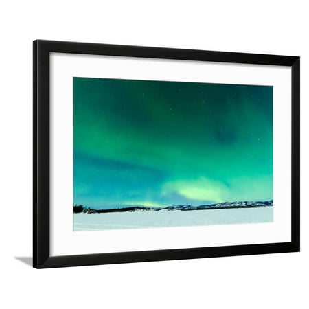 Intense Northern Lights or Aurora Borealis or Polar Lights on Moon Lit Night Sky over Winter Landsc Framed Print Wall Art By