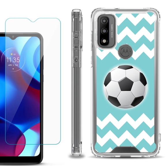 Shockproof Bumper Phone Case for Motorola Moto G Pure, with Tempered Glass Screen Protector, by OneToughShield ® - Chevron/Soccer