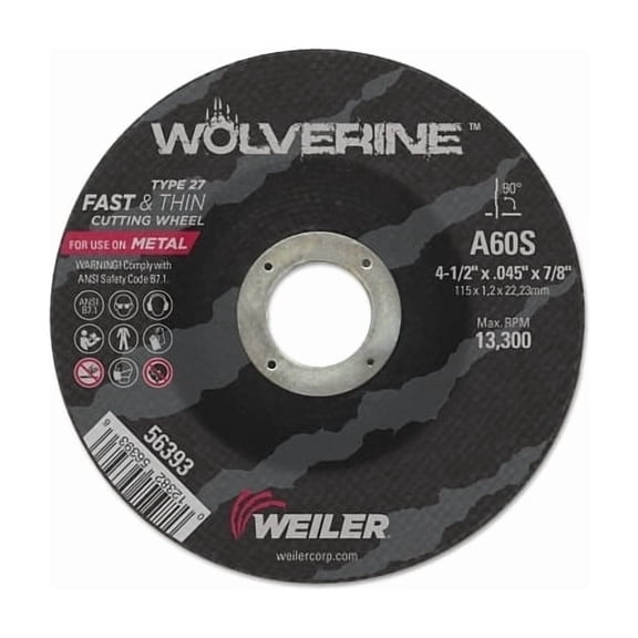 Wolverine™ Thin Cutting Wheel, 4-1/2 in dia, .045 in Thick,7/8 in Arbor, 60 Grit