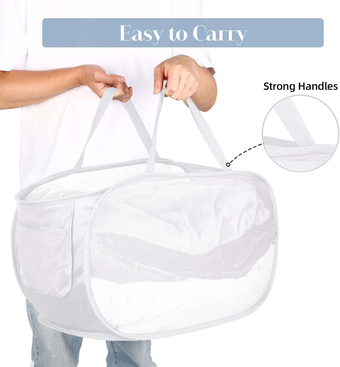 Kiibsot Strong Mesh Pop Up Laundry Basket, Collapsible Laundry Hamper with Side Pocket, Foldable Clothes Hamper with Durable Reinforced Handles for Laundry, Bathroom, Kids Room, Dorm or Travel