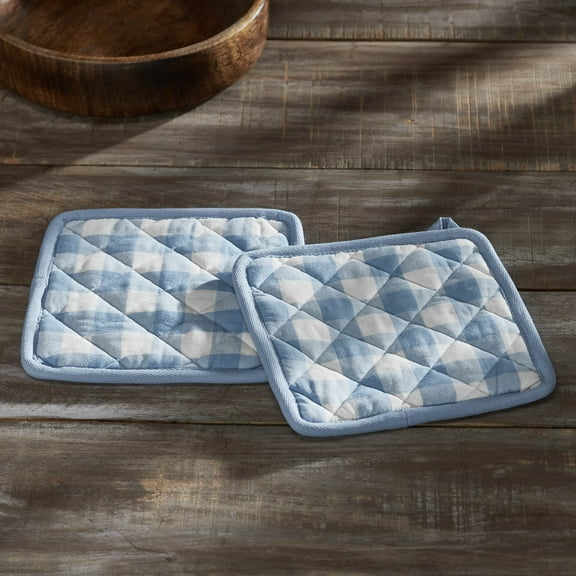 VHC Brands Cotton Pot Holder Set of 2, Heat Resistant, Kitchen Potholders, Annie Buffalo Check Collection, Square 8x8, Dusk Blue