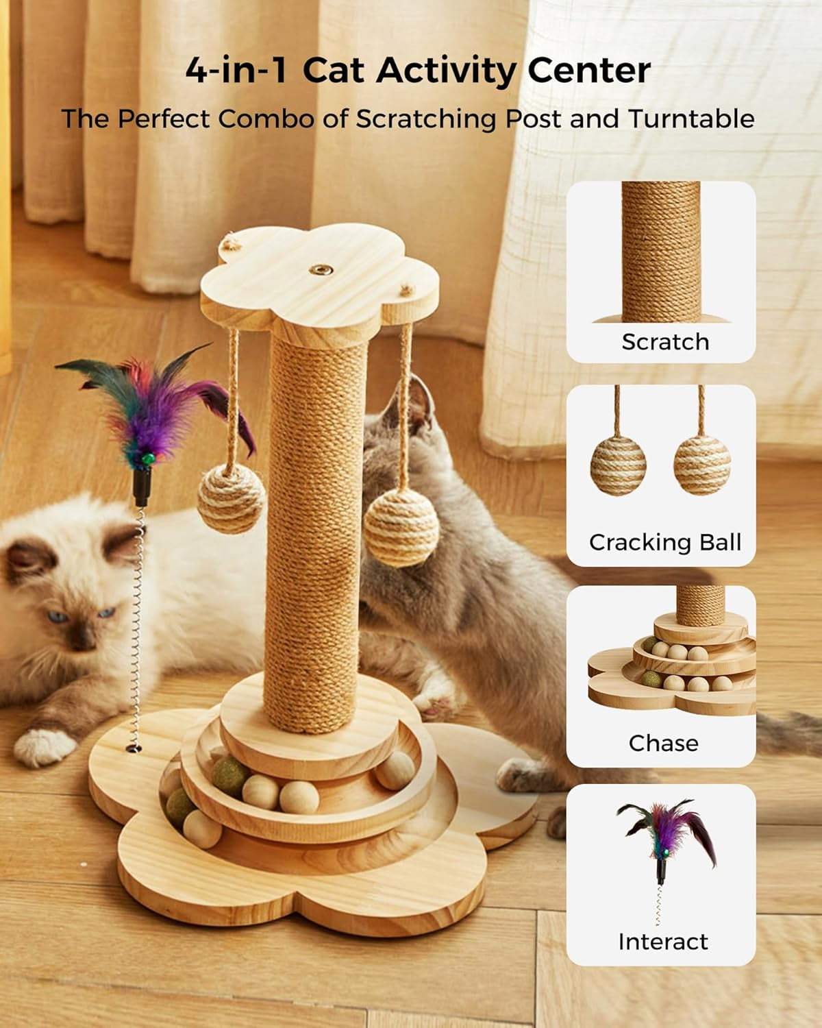 4 in 1 Wooden & Sisal Cat Scratching Post with 2 Level Cat Track Balls & Interactive Feather Toy, Natural Wood
