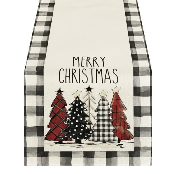 MOQIN Winter Christmas Table Runner Watercolor Red and Black Buffalo Plaid Christmas Trees Merry Xmas Runner, Kitchen Dining Table Decoration for Indoor Home Party 13 x 48 Inch