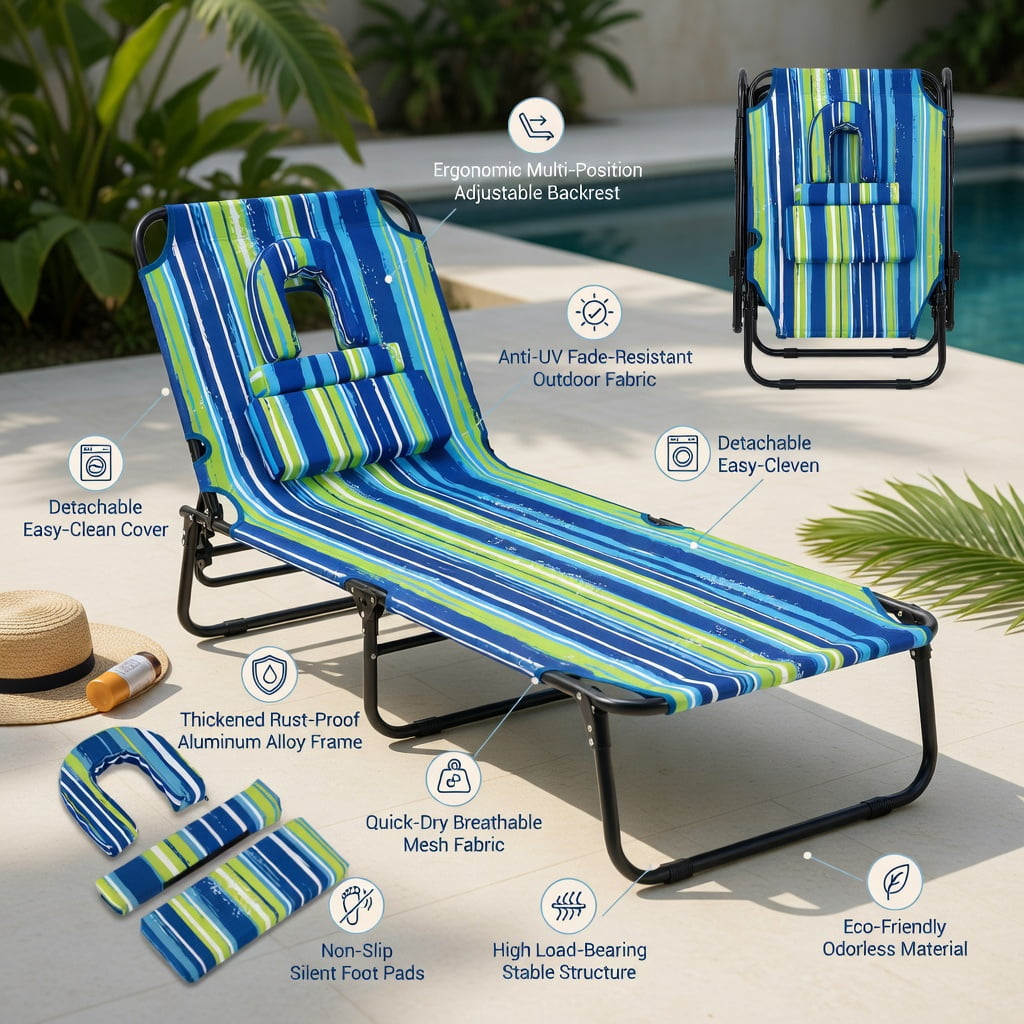 Hommoo Adjustable Beach Chaise Lounge Chair with Face Hole, Removable Pillows & Foldable Design, Blue Stripe