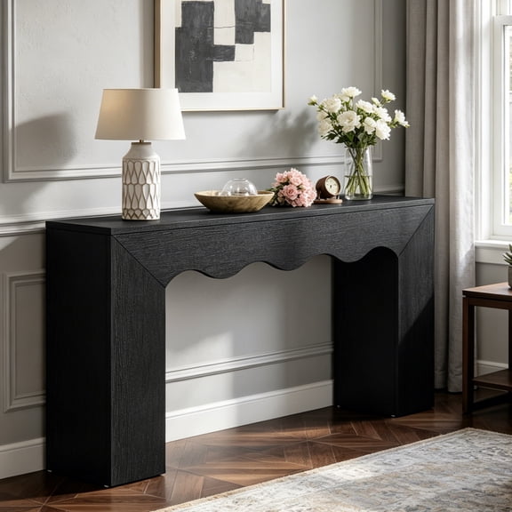 Fnova 63" Farmhouse Console Table with Wave Edge, Long Narrow Wood Entryway Table, Sofa Table for Living Room, Hallway, Behind Couch, Black