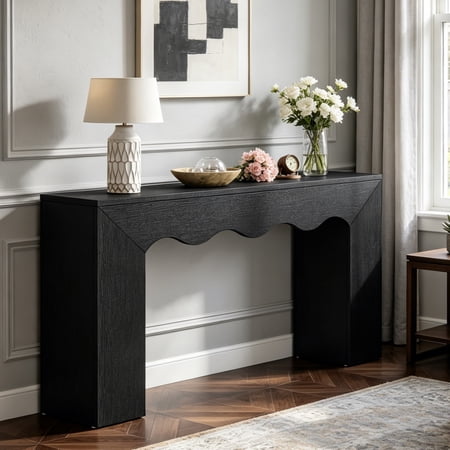 Fnova 63" Farmhouse Console Table with Wave Edge, Long Narrow Wood Entryway Table, Sofa Table for Living Room, Hallway, Behind Couch, Black