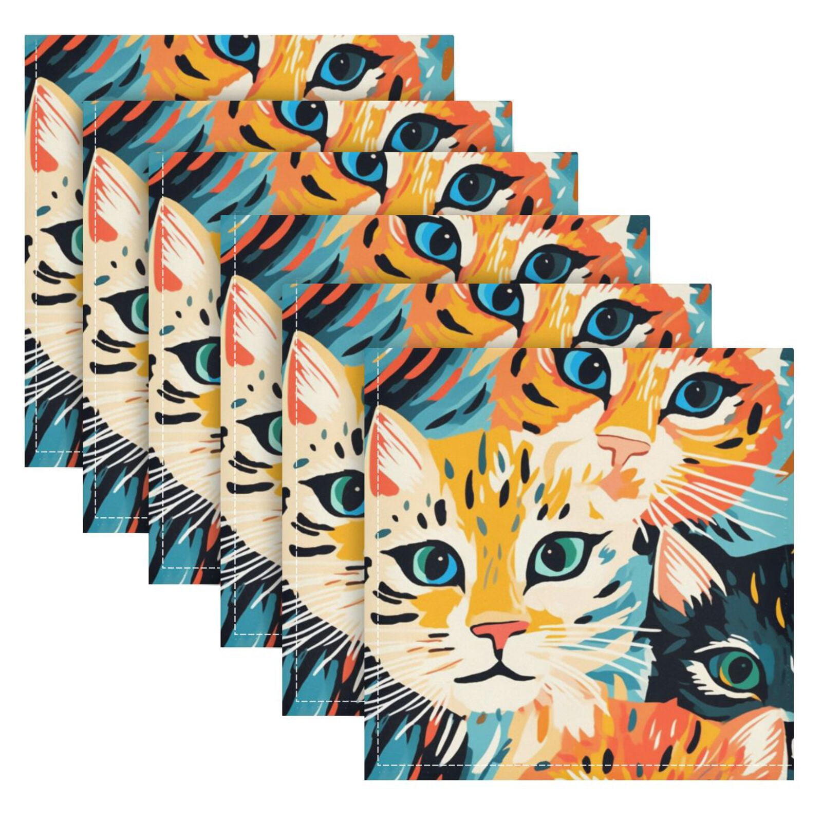 JSTEL Cat Painting Cloth Napkins Set of 6, 20x20 Inch Washable and Reusable Napkin for Decoupage Dinner Party Everyday Use