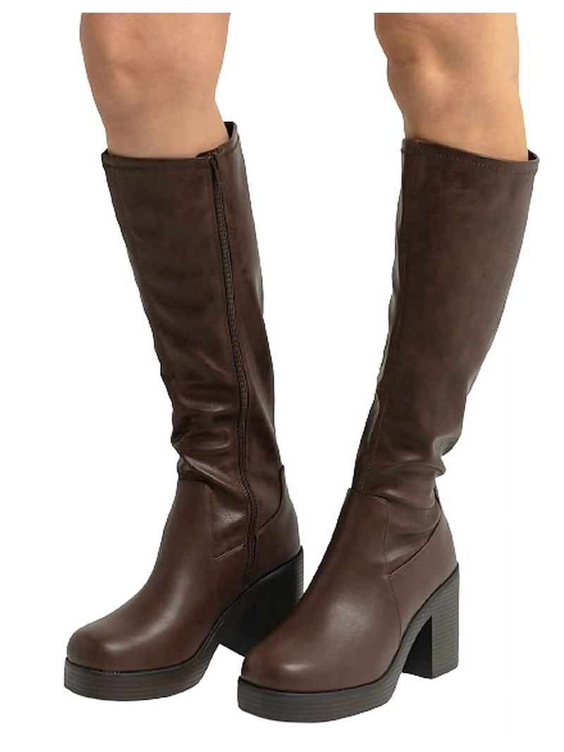 Soda Women Block Chunky Heel Knee High Boots Platform Side Zipper