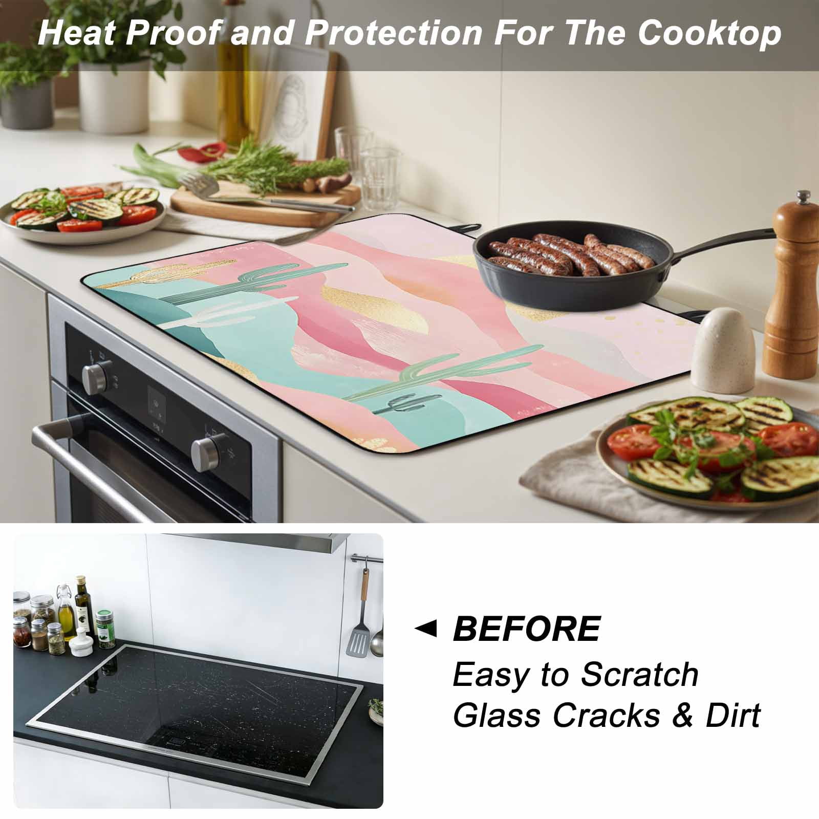 South West Boho Stove Top Cover for Electric Stove, Heat-proof & Non Slip Glass Top Stove Cover Protector, Abstract Pink Gold Mountains Cactus Kitchen Flat Cooktop Rubber Mat 24x21 Inches