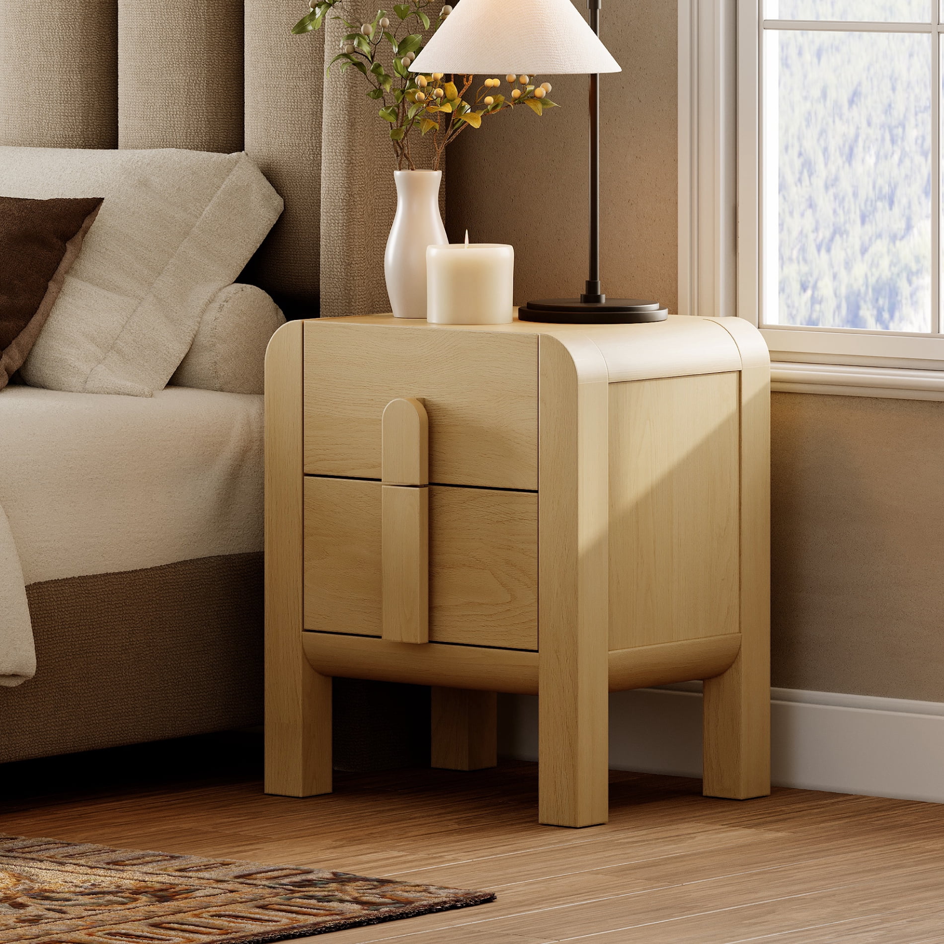 Modern Wood Nightstand with 2 Drawers ,Curved Mid-Century End Table with Built-In Charging Station for Bedroom, Living Room,Entryway