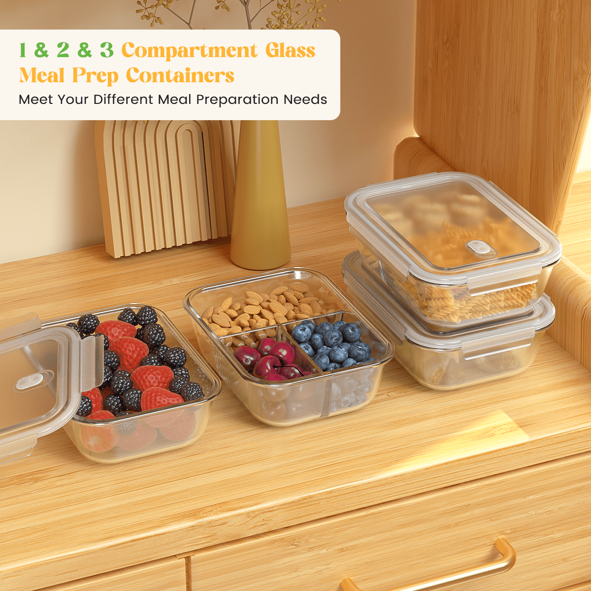 5 Pack Glass Meal Prep Containers 3 Compartment Set, 34oz Food Storage –  SHANULKA Home Decor