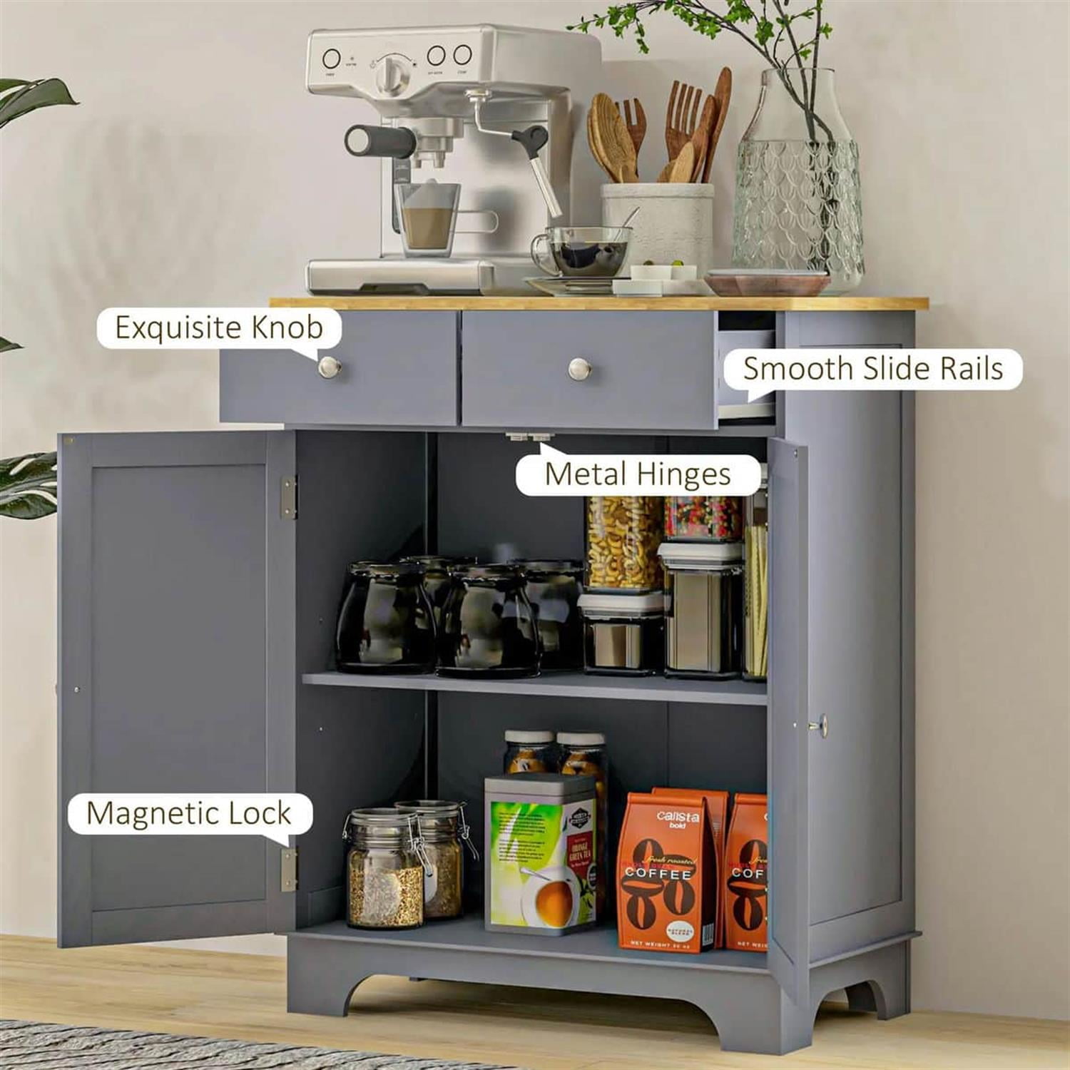 Demi Bonn 33" Kitchen Storage Cabinet Solid Wood Top Sideboard Floor Cupboard, Adjustable Shelf & 2 Drawers for Home Organization, Gray
