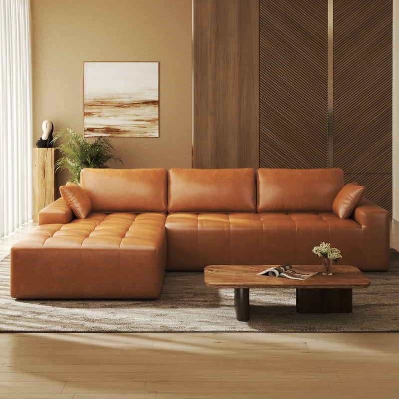 PATBRELA Sectional Sofa, 101" L-Shaped Deep Seat Cloud Couch, Modular Sofa with Back Cushion for Living Room Bedroom, PU Leather, No Assembly Required, Brown (Left Facing Chaise)