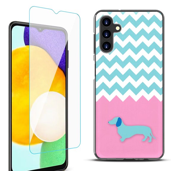 Slim-Fit Protective Fashion Phone Case (Black) for Samsung Galaxy A13 5G, with Tempered Glass Screen Protector, by OneToughShield ® - Chevron/Dachshund/Puppy