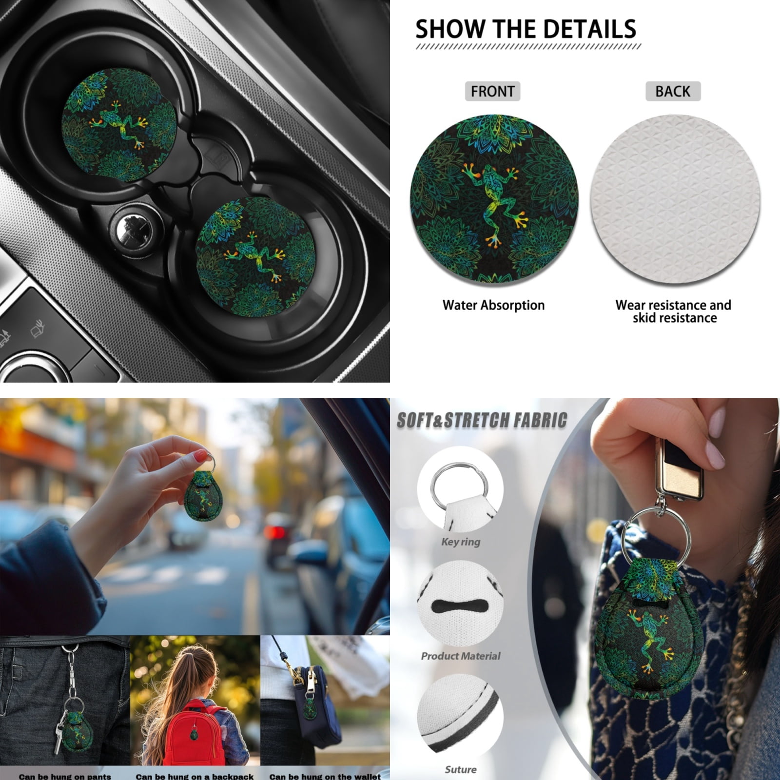 Yuyamidu Boho Flowers Front Rear Car Seat Covers Full Set of 13 Funny Frog Steering Wheel Cover Seat Belt Pads Armrest Cover Cup Holders Lip Gloss Holder Keychain