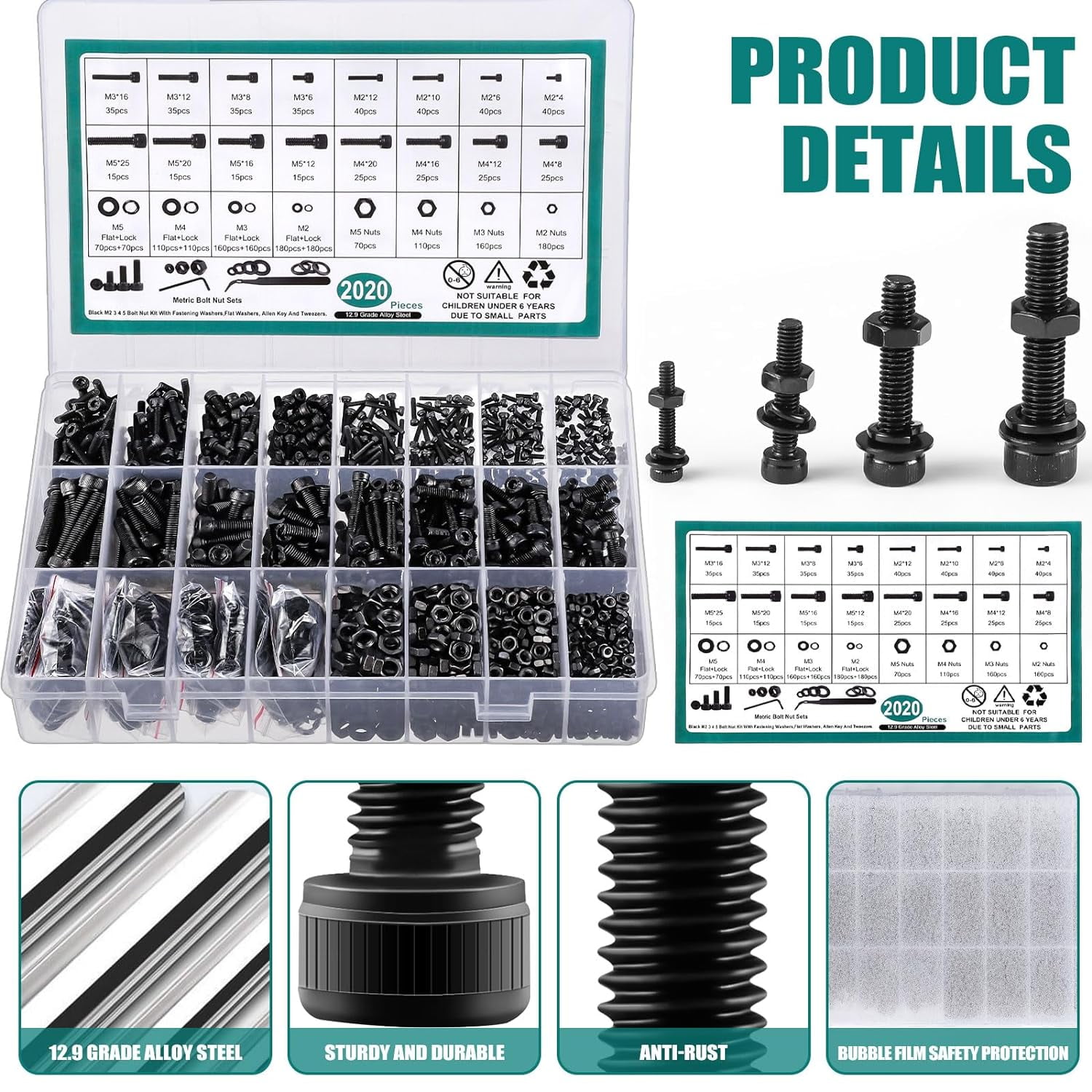 2024 Pcs Metric Screw Assortment, Bolts and Nuts Assortment Metric Machine Screw Assortment M2 M3 M4 M5, 12.9 Alloy Steel Black Zinc Plated Hex Socket Head Screws Nuts Bolts and Washers Set