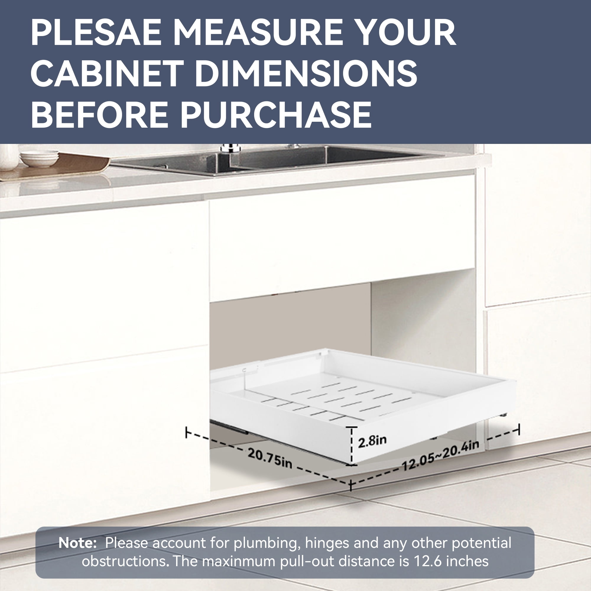 Pull out Cabinet Organizer, Adjustable Width 12.2"-20.1" Expandable Slide out Drawers Storage Rack, Pull-out Shelf Storage for Kitchen Pantry Bathroom Organization (White)