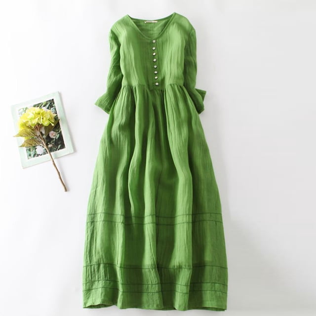 Baikeli Liquidation Robes Mode Femme Ample Uni Col Rond Manches 5/4 Robe Femmes Robes Maxi pour le Printemps