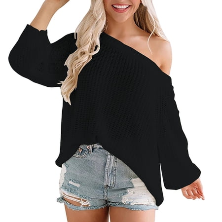 Baqcunre Sweaters For Women Women S Off The Shoulder Line Neck Hollow Out Loose Knit Pullover Sweater Hoodies For Women Fall Clothes For Women 2023 Black XL