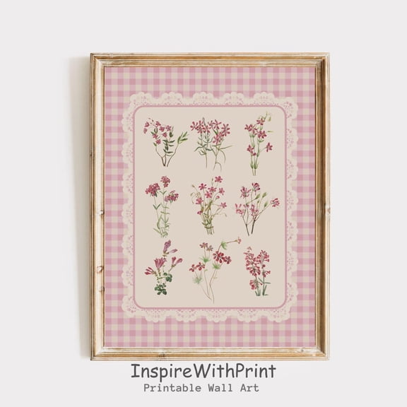 Pink Gingham Wildflower Print, Vintage Floral Botanical Wall Art Printable Floral Nursery Wall Art, Preppy Pink Colors Cottage Core Print, Size 8x12 UNFFRAMED