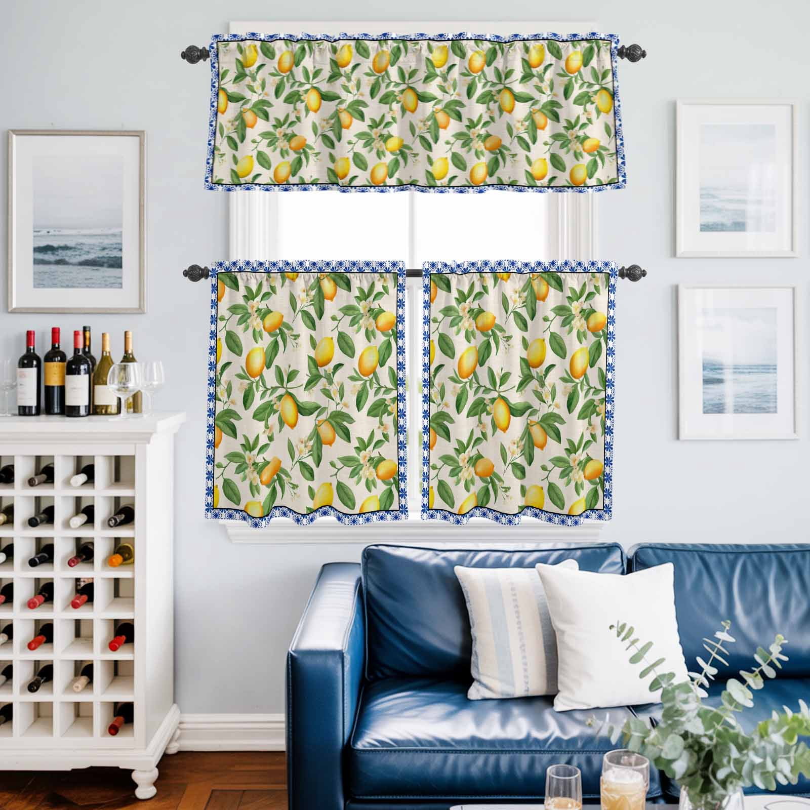 Lemon with Kitchen Curtains Valances 3 Piece Set, Leaves Blue Floral Pattern Linen Style Rod Pocket Tier Curtain and Valance Drapes for Small Window 36 Inch Length for Bedroom Cafe