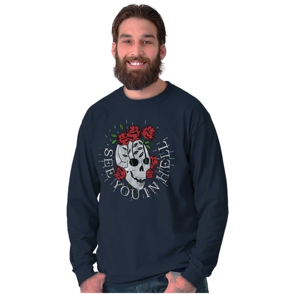See You in Hell Skull Roses Tattoo Plus Size Long Sleeve Graphic Tee Shirt Brisco Brands 2X