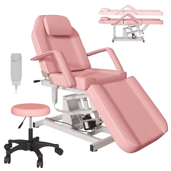 KIGOTY Electric Esthetician Bed, Adjustable Leather Massage Table with Hydraulic Stool , 72”L, Pink